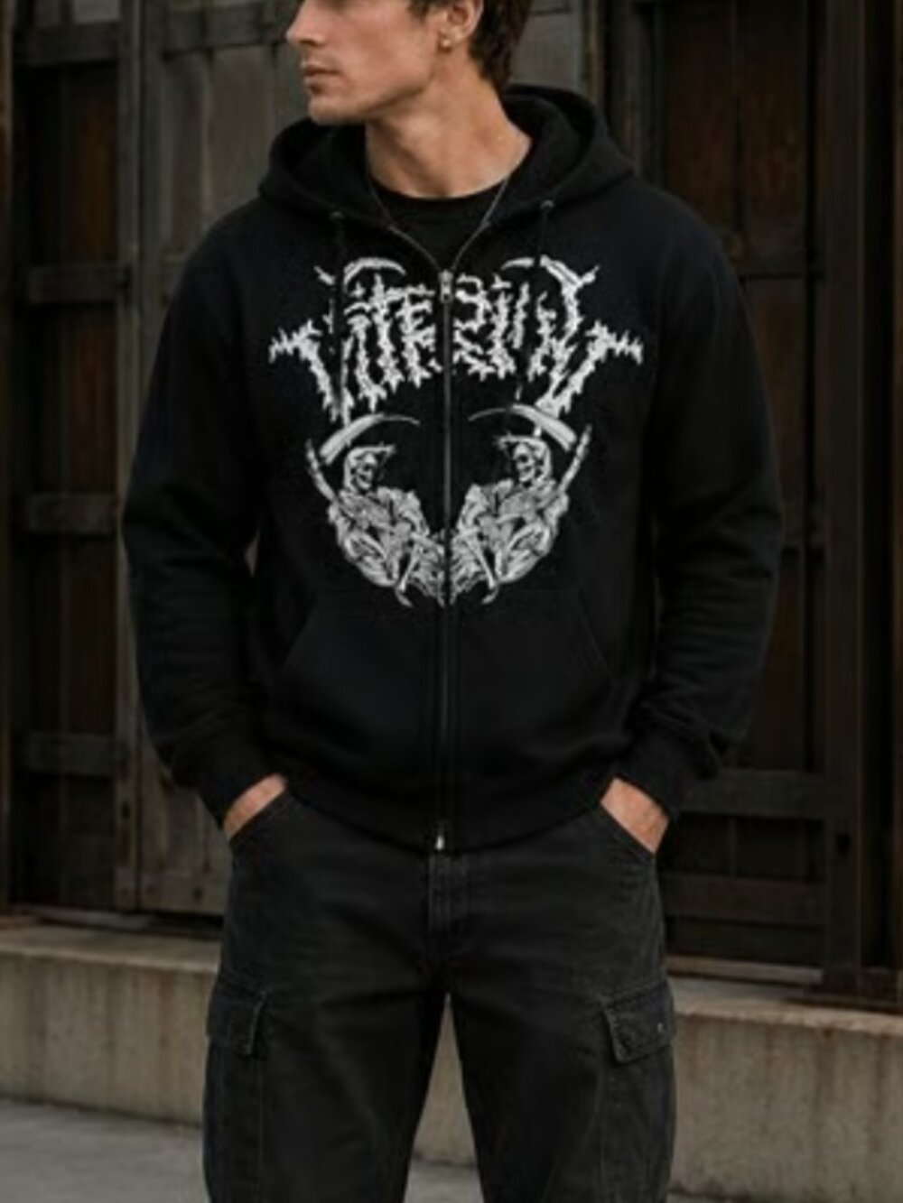 Black Graphic Zip-Up Hoodie Sweatshirt - VITRIOL Style Unise